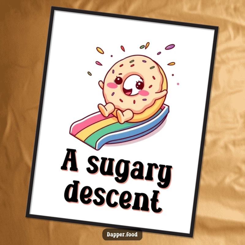 Funny poster of a cheerful donut character with sprinkles flying as it slides down a rainbow, a sweet piece of happy art.