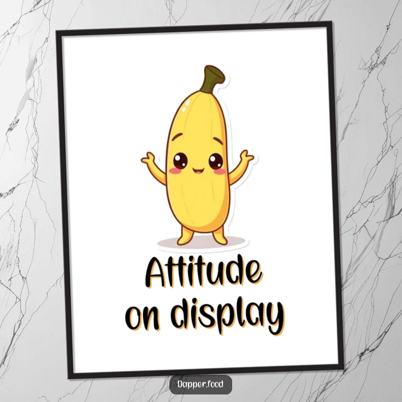 Funny Banana Poster displaying a curious banana character with peel askew, striking a humorous pose, ideal for adding quirky wall decor.