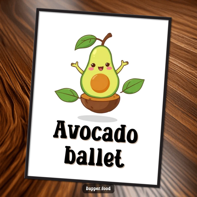 Funny poster depicting a happy avocado performing a flamboyant pirouette on its pit, creating a whimsical and elegant scene.