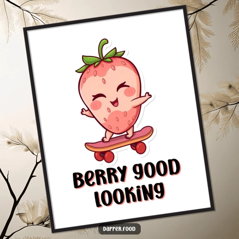 Funny strawberry poster depicting a winking strawberry character effortlessly riding a tiny skateboard, a cool and fruity illustration.