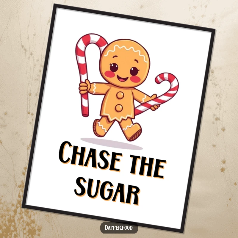 Funny poster artwork of a determined gingerbread man character sprinting with a large candy cane, creating a whimsical and cheerful wall display.