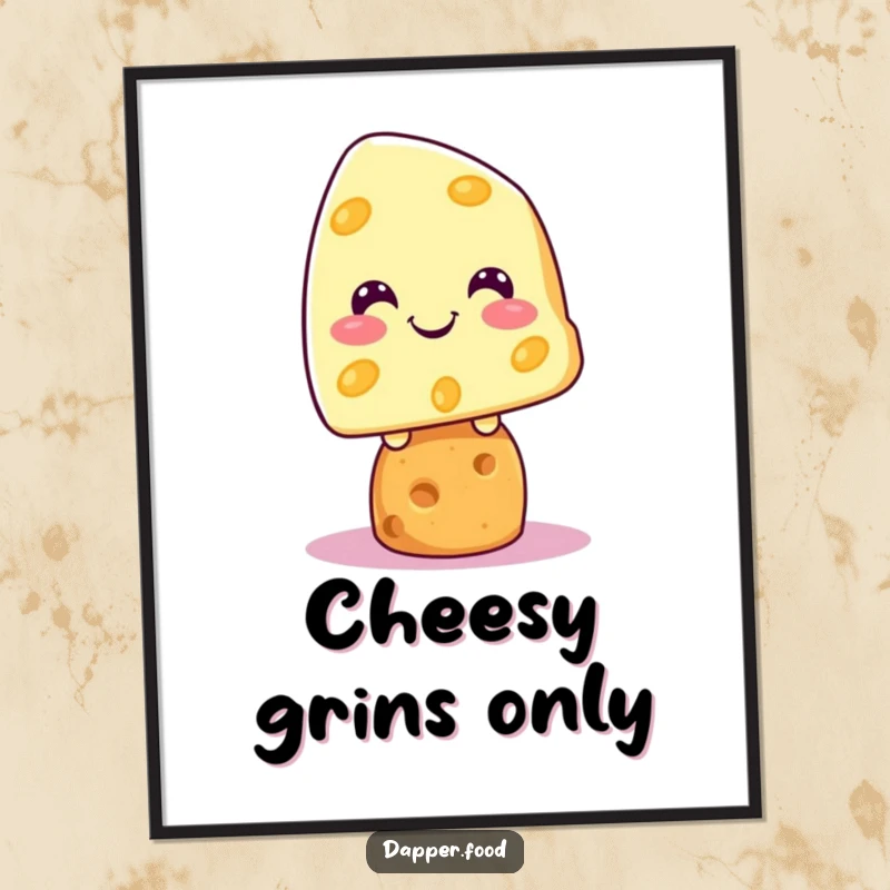 Funny Kawaii cheese character grinning while balanced on a cracker, presented as fun wall art.