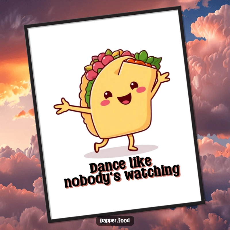 Funny poster of a happy taco dancing salsa with a cheerful burrito, bringing vibrant fiesta energy to wall art.
