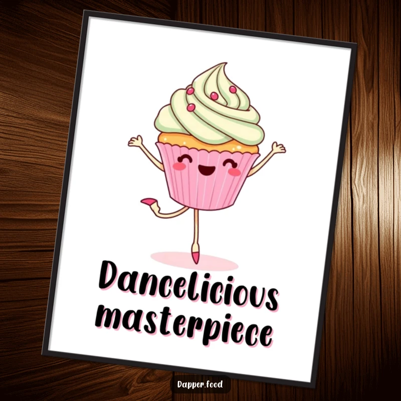 Funny poster art of a cheerful cupcake with legs doing a ballet pirouette, celebrating sweetness and graceful movement.