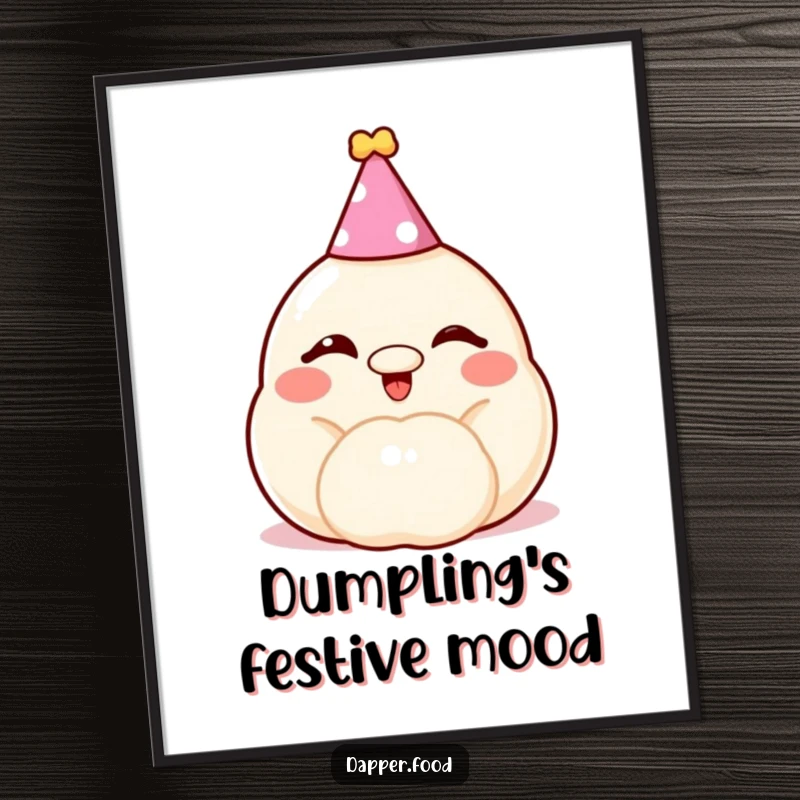 Funny dumpling poster, a cheerful, winking bun wearing a party hat, a whimsical and comical food illustration.