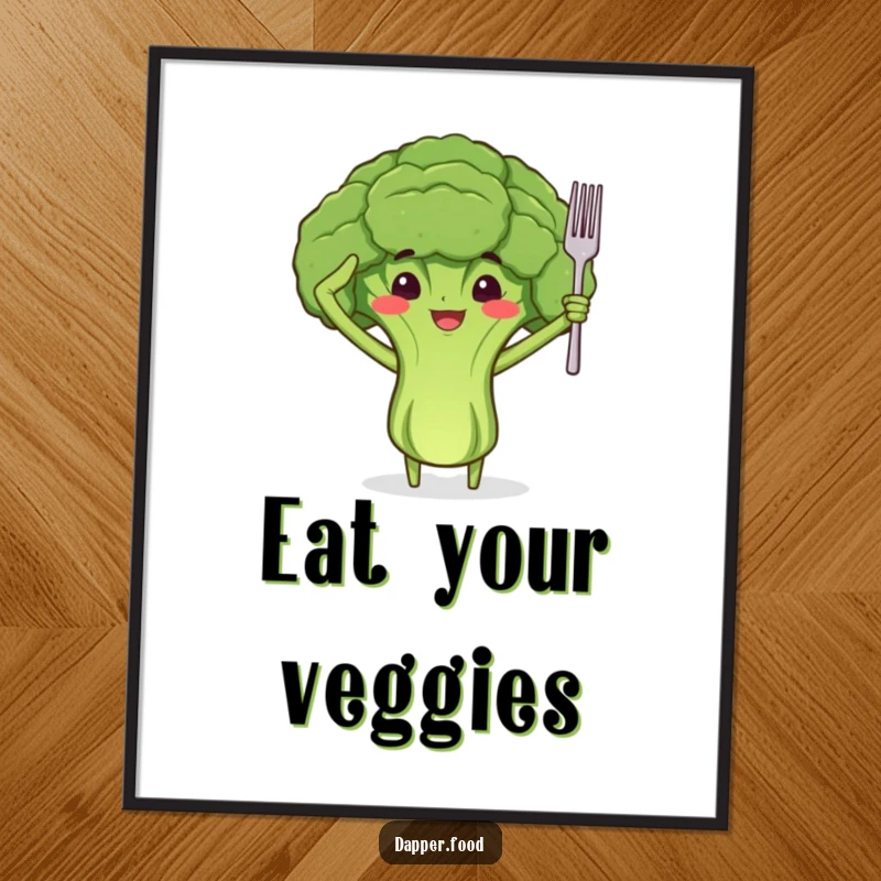 Funny poster of a proud broccoli floret character with arms, saluting with a tiny fork, adding healthy humor to walls.