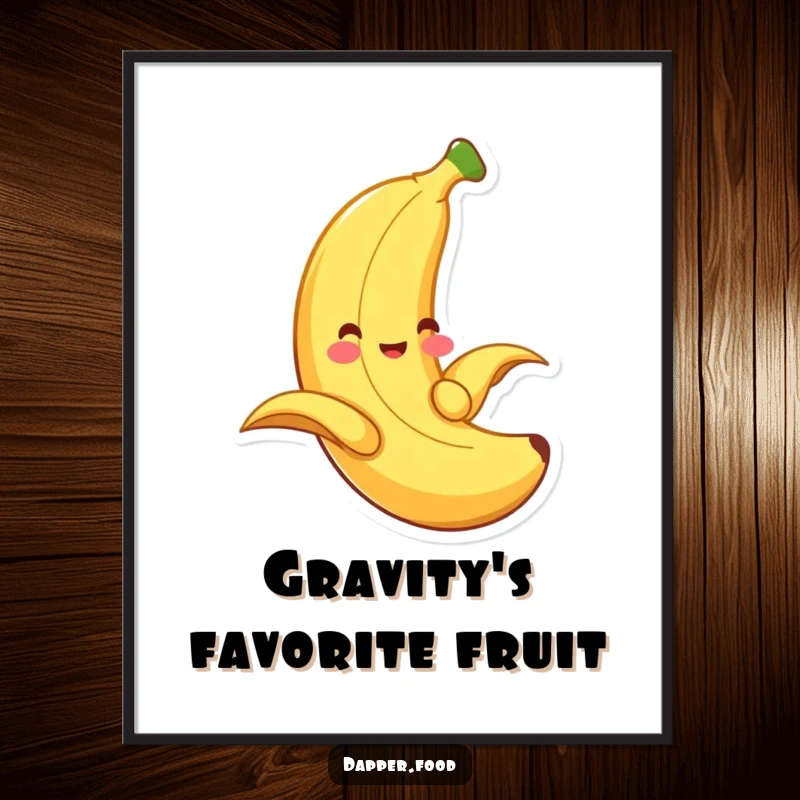 Funny banana poster, a smiling fruit gleefully sliding down its peel, a whimsical and comical food illustration.