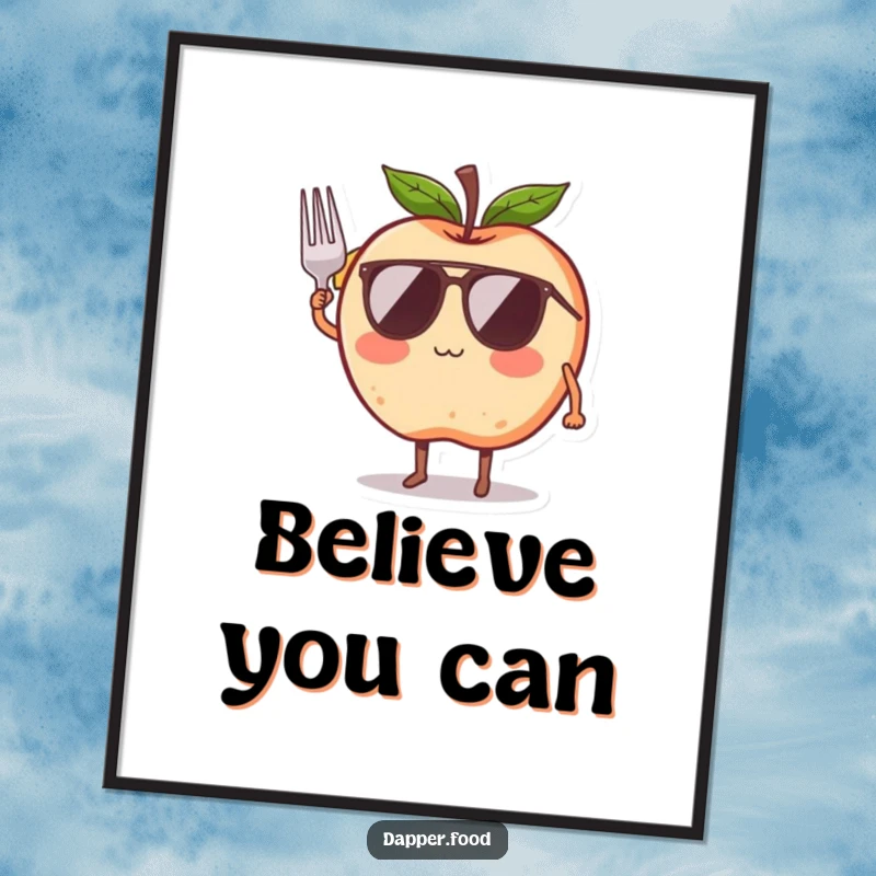 Funny poster of a blushing apple character with legs and wings, comically attempting flight with a ribbon, for a whimsical decor.