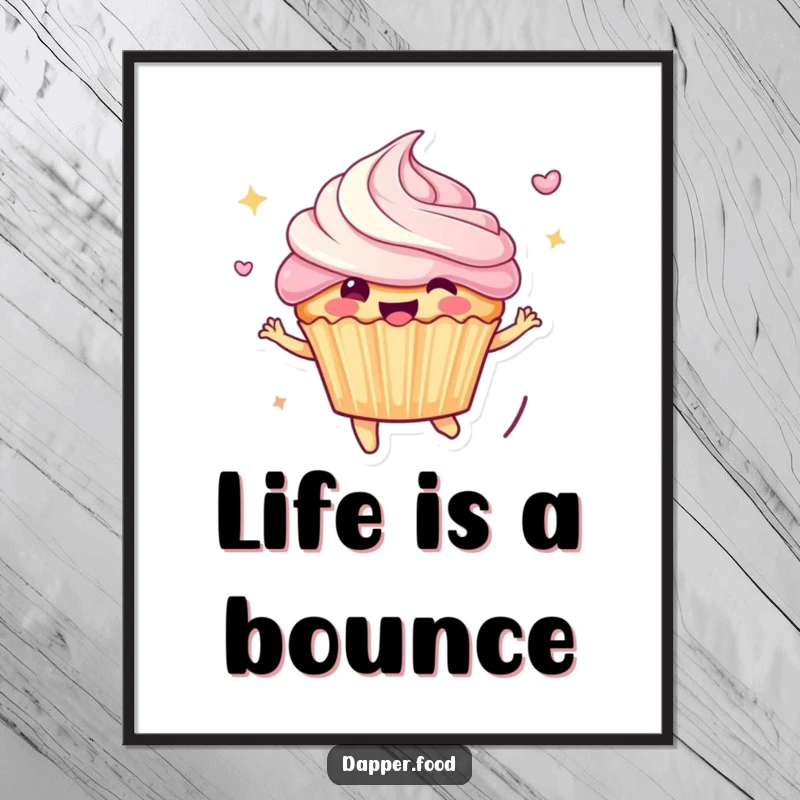 Funny Poster: Cheerful anthropomorphic cupcake character in a dynamic bounce, frosting mid-air, creating a lively and amusing piece of wall art.