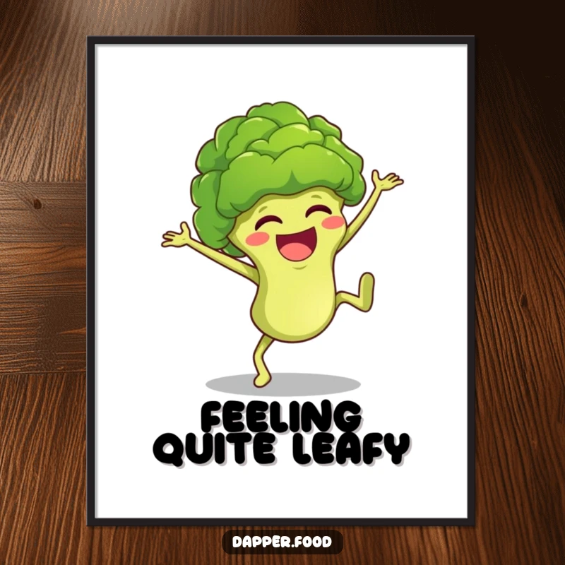 Funny broccoli floret character cartwheeling with excitement, depicted vibrantly on a poster for humorous wall decor.