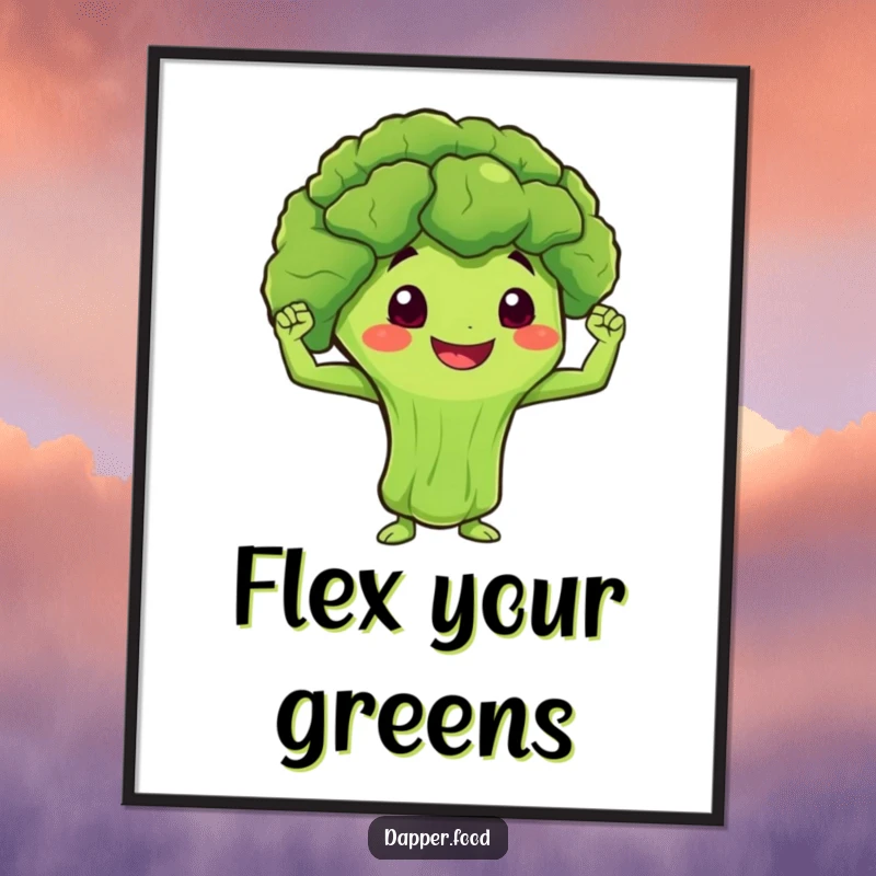 Funny Poster art of a smiling broccoli character flexing miniature muscles with a determined, motivational expression.