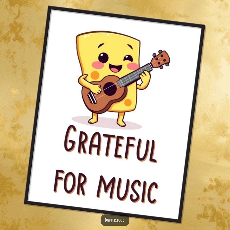 Funny Cheese Ukulele Poster: A smiling cheese slice playing a miniature ukulele, bringing musical humor and a great funny gift.