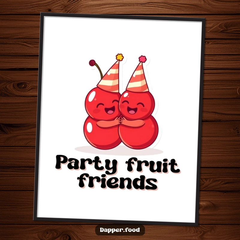 Funny cherries poster, cute fruit characters in party hats hugging, conveying friendship and joy, perfect funny gift.