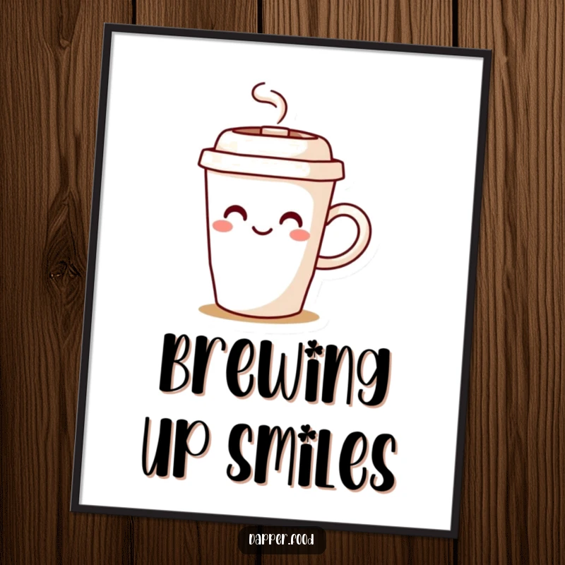 Funny coffee cup poster art featuring a character joyfully spilling steam, creating a warm and inviting atmosphere.