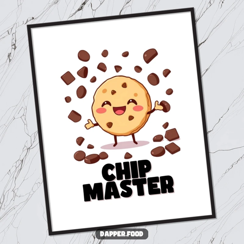 Funny poster depicting a grinning cookie enthusiastically juggling chocolate chips, creating a whimsical and humorous scene.