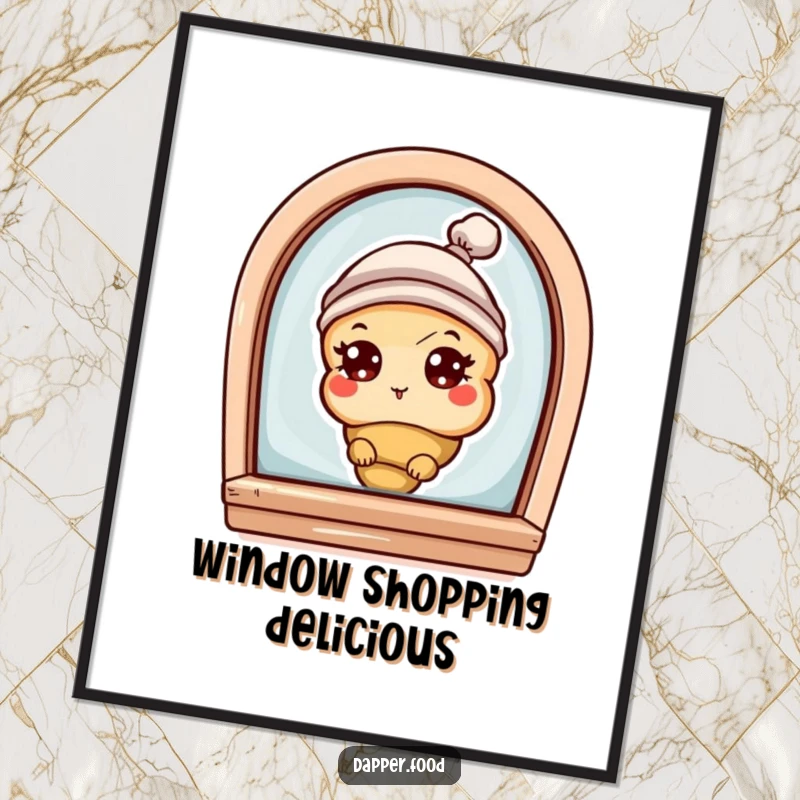 Funny poster of a curious croissant character with eyes and a tiny hat, peeking from a bakery window, adding bakery charm.