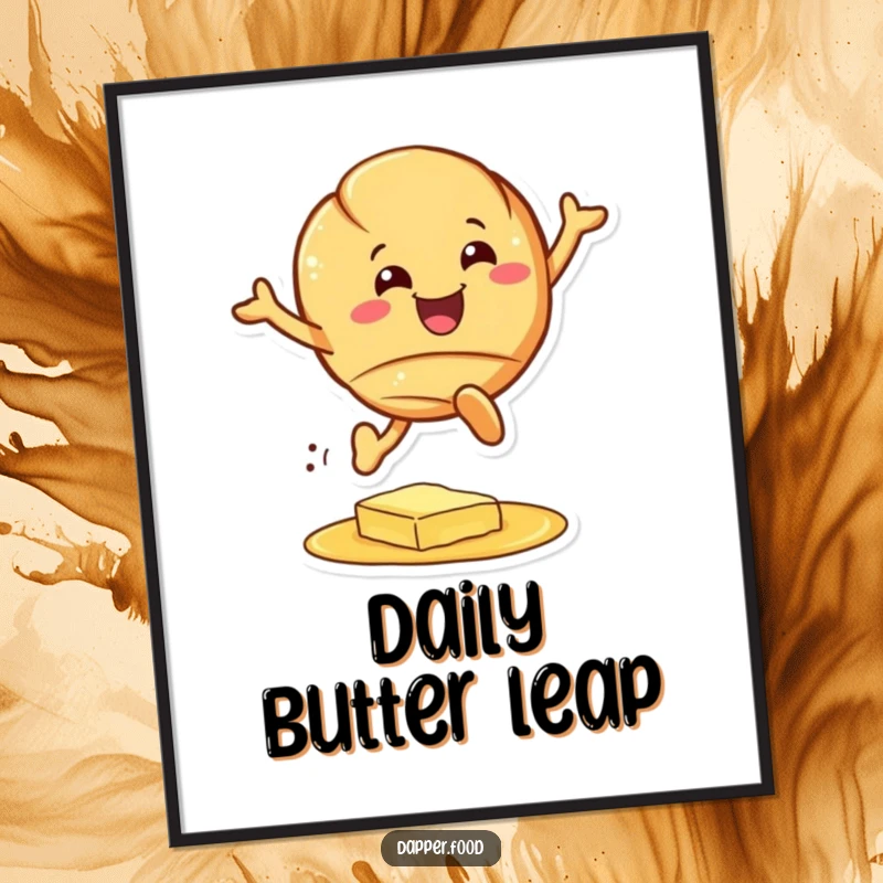 Funny croissant poster, a happy pastry character leaping over a butter puddle, vibrant and humorous wall art, funny gift.