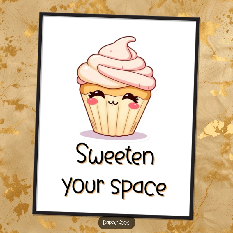 Funny poster illustrating a giggling cupcake character with frosting sending a kiss, full of sugary sweetness.