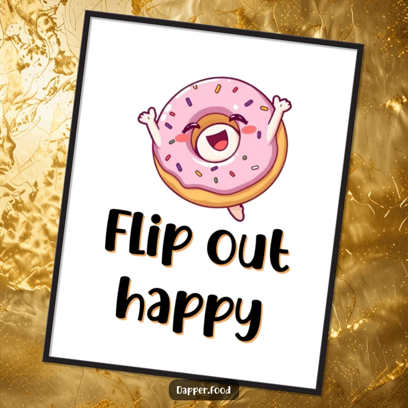 Funny poster illustrating a delighted donut with sprinkles performing an acrobatic mid-air flip, full of sugary excitement.