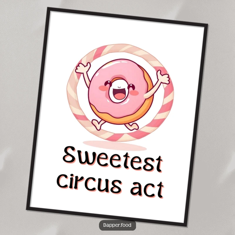 Funny donut poster, a gleeful pastry enthusiastically jumping through a candy hoop, making a sweet statement.