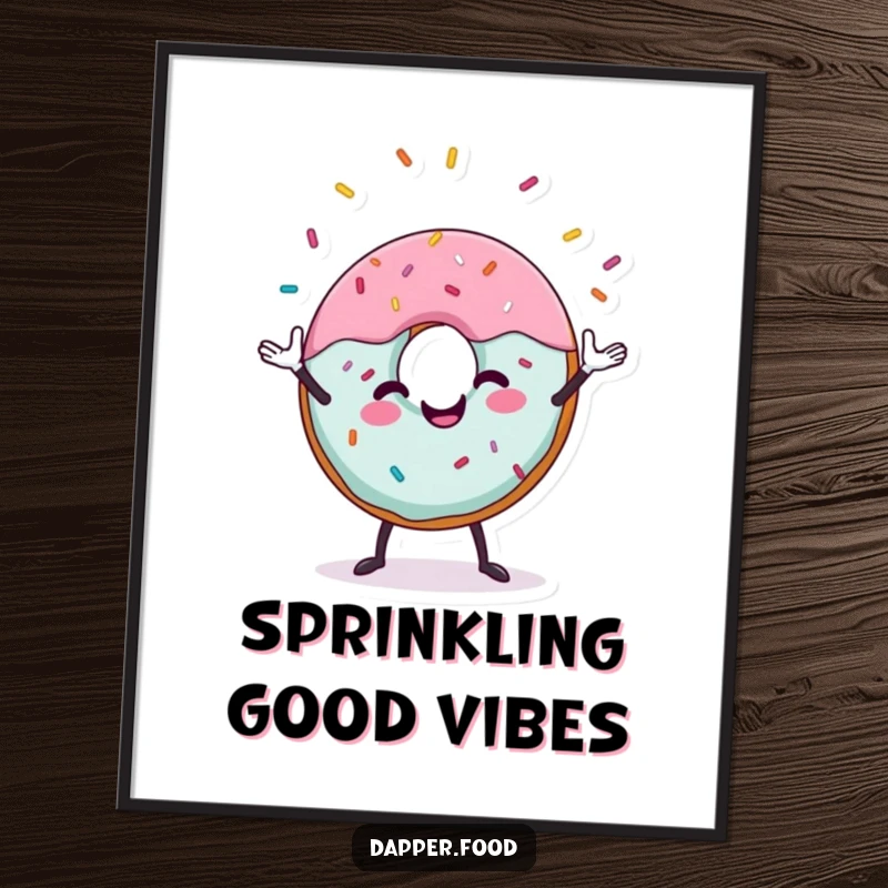 Funny donut poster depicting a cheerful donut character juggling colorful sprinkles, a delightful and whimsical food illustration.