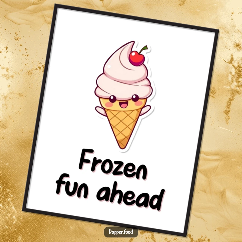 Funny poster art of a happy ice cream cone character with a cherry topping sliding, perfect for humorous wall decor.