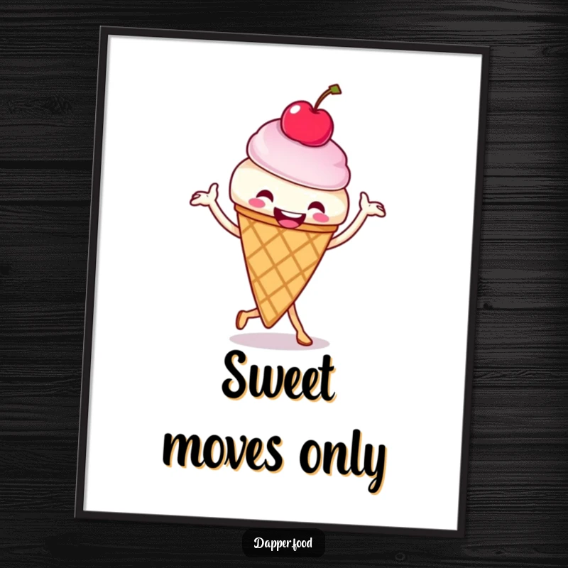 Funny ice cream cone jig poster, a cherry-topped character dancing with glee, bringing vibrant energy and humor to any wall. Ideal funny gift.
