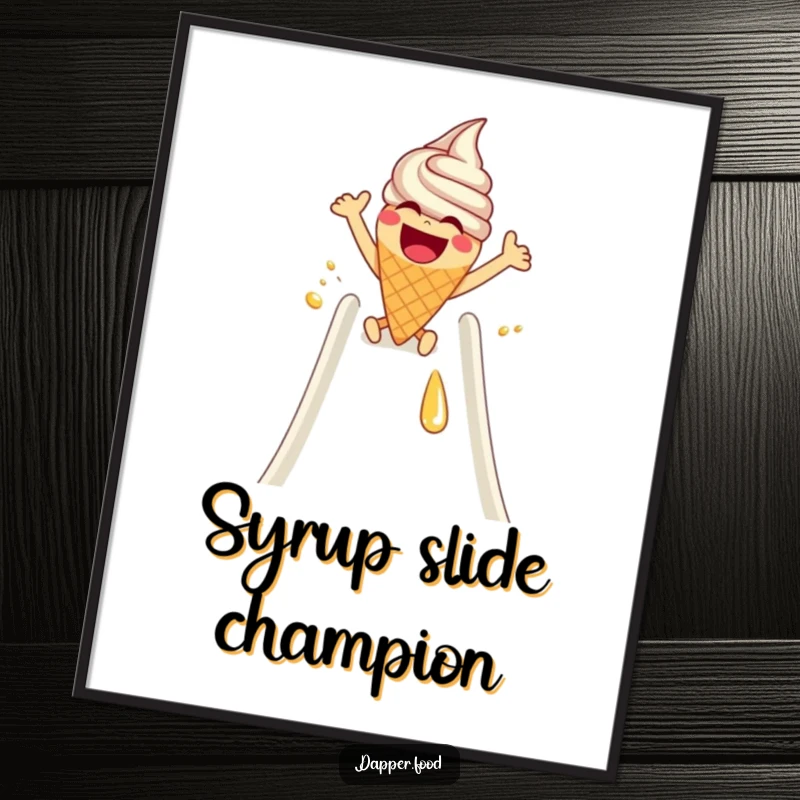 Funny Poster: A laughing ice cream cone with arms excitedly slides down a syrup slide, a moment of pure frozen fun.