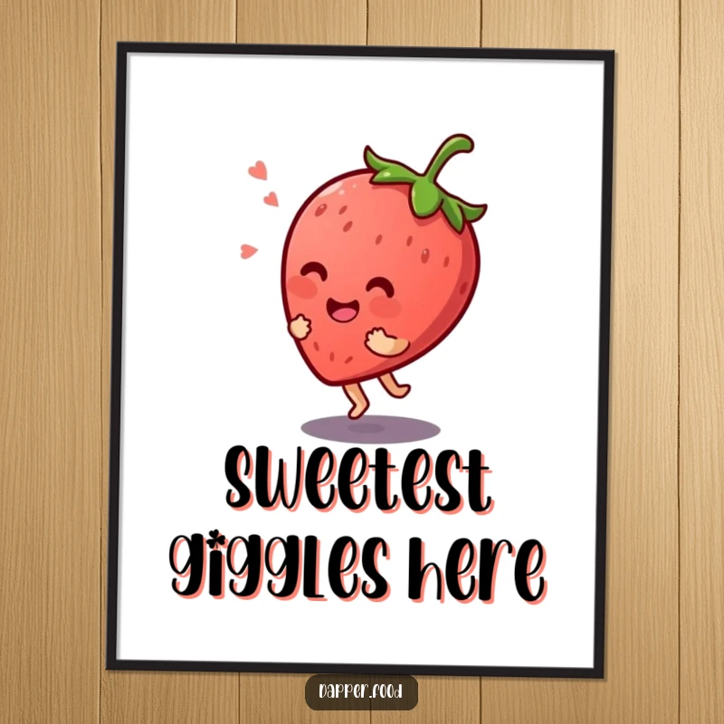 Funny Kawaii strawberry character giggling while bouncing on its stem, presented as cheerful wall art.