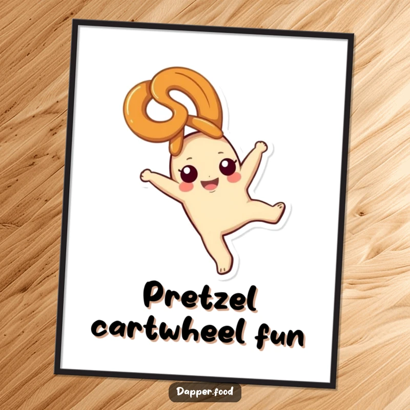 Funny pretzel poster, a blissful snack character doing a cartwheel, vibrant and joyous wall art, perfect funny gift.