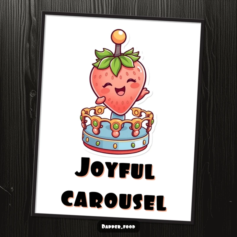 Funny Poster art of a delighted strawberry character winking and joyfully spinning on a miniature merry-go-round.