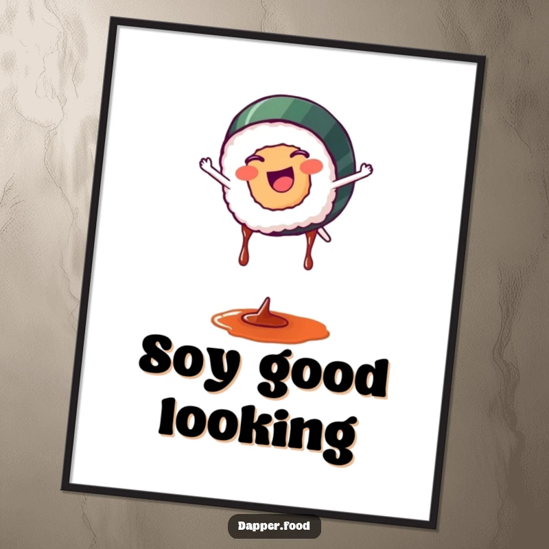 Funny sushi poster illustrating a happy sushi piece doing a cartwheel with soy sauce drips, a lively and humorous food artwork.