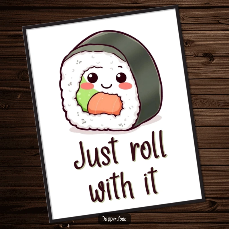 Funny Sushi Roll Poster: A smiling sushi character performing a joyful roll, adding humor and artistic flair.