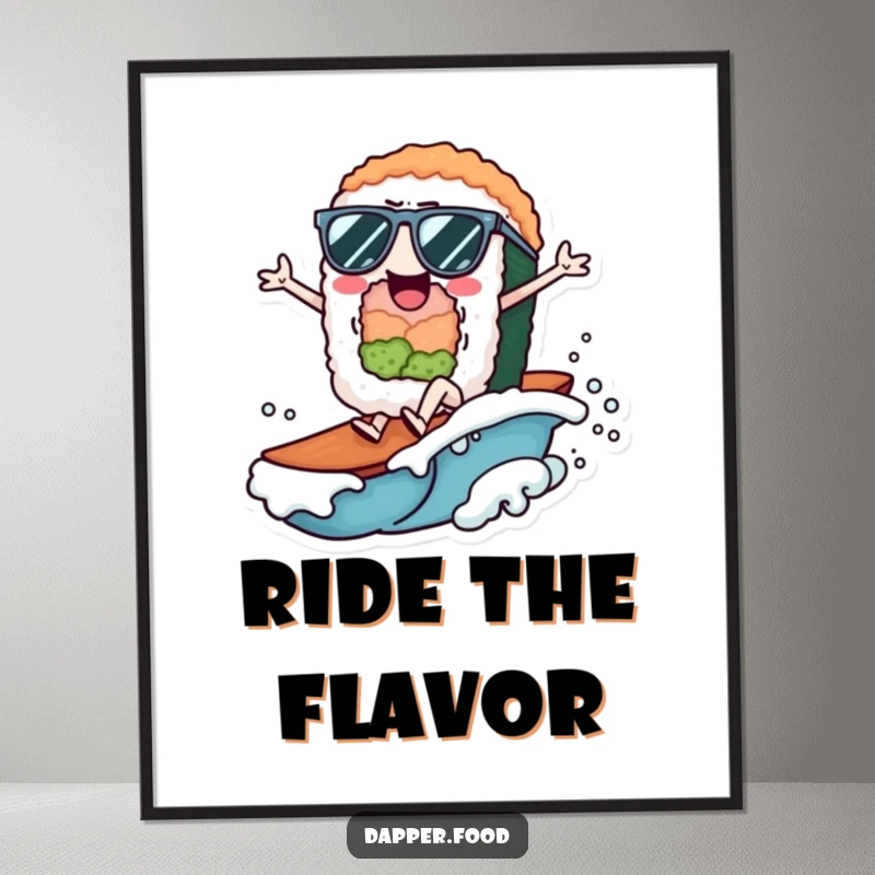 Funny Poster art of a cheerful sushi roll character with tiny sunglasses, riding a small wave with zest.