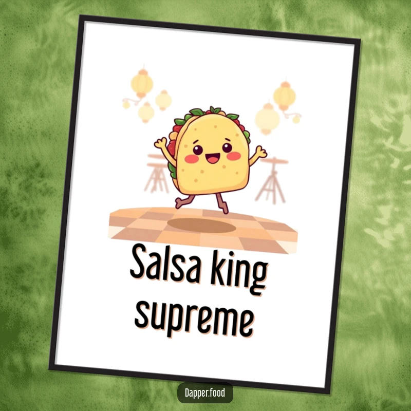 Funny Poster art of a happy taco character with legs, doing an energetic salsa jig on a dance floor.