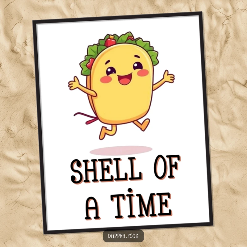 Funny taco poster depicting a smiling taco character enthusiastically jumping rope with its own shell, a vibrant and humorous food illustration.