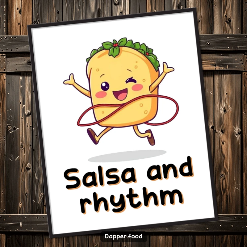 A cheerful taco character jumping rope with salsa, presented as a humorous and vibrant poster for wall art.