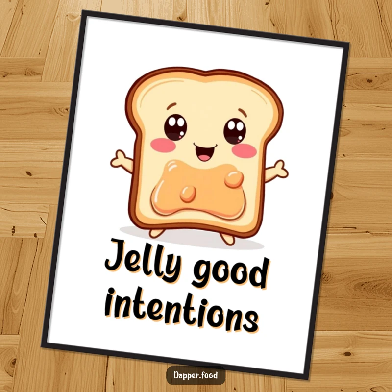 Funny Poster: A delighted piece of toast with eager eyes is captured mid-air, jumping for a jelly jar, a moment of pure joy.