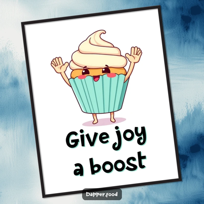 Funny Poster art of a giggling cupcake character with tiny arms, giving a giant high-five.