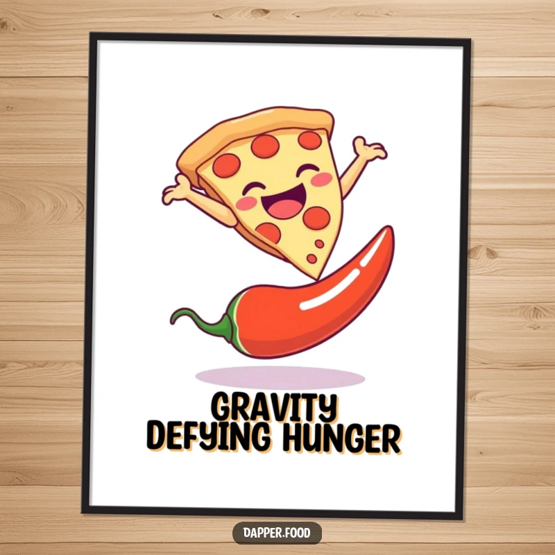 Funny poster illustrating a joyful pizza slice in a dramatic leap over a chili pepper, bringing vibrant and humorous art.