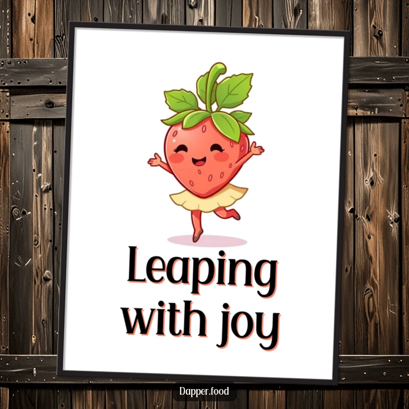 Funny anthropomorphic strawberry character in a ballet twirl with its leaves displayed on this charming poster.