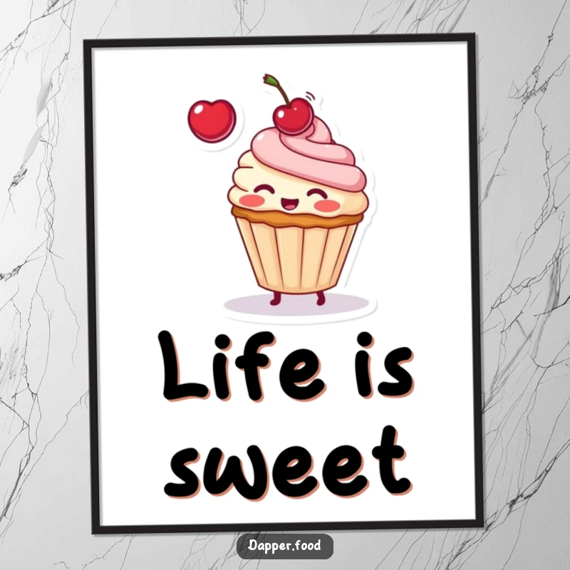 Funny poster art of a blushing cupcake character playfully tossing a single cherry high into the air, celebrating a sweet moment.