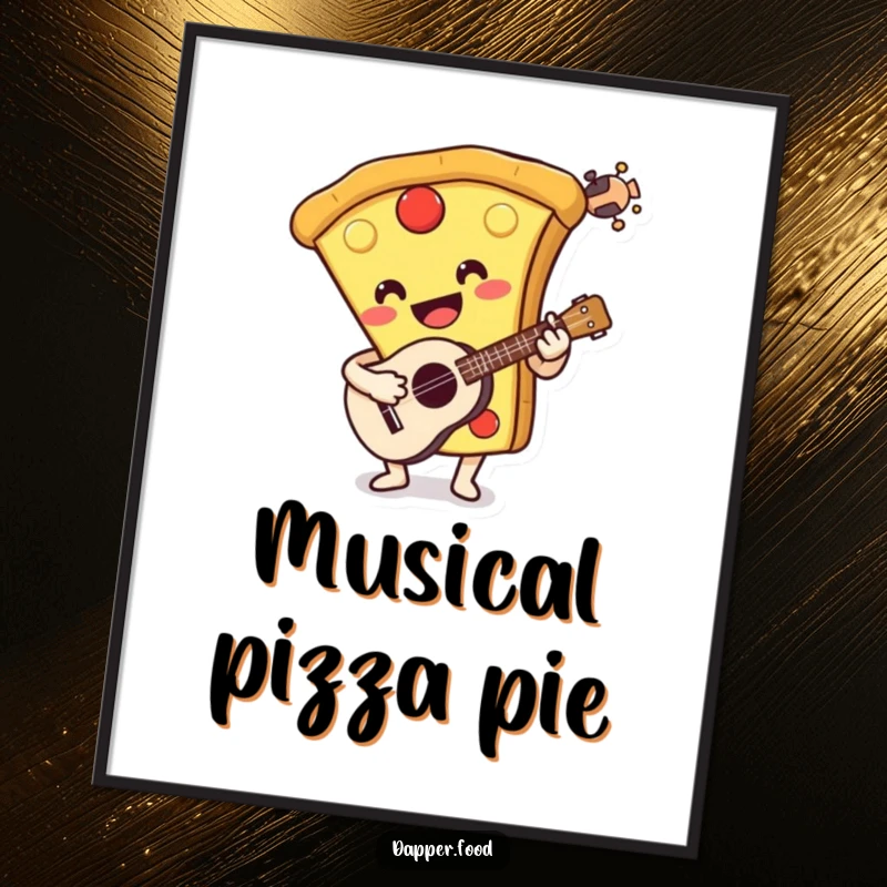 Funny poster showcasing a smiling anthropomorphic pizza slice playing a ukulele. Joyful and humorous wall art for music and pizza fans.