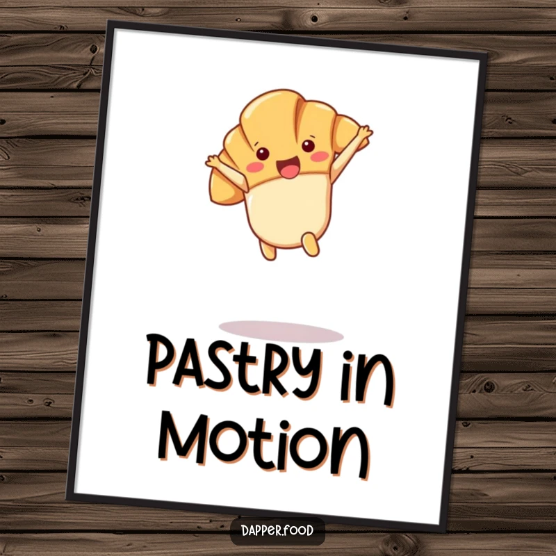 Funny Kawaii croissant character performing a cartwheel in mid-air, presented as cheerful wall art.
