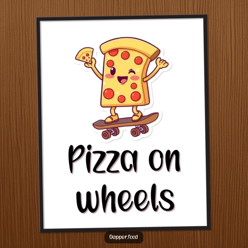 Funny poster art of a smiling pizza slice character balancing on a skateboard, one slice extended upwards, a true stunt master.