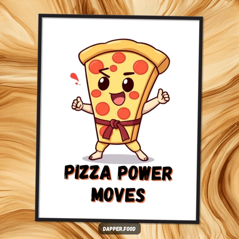 Funny Kawaii pizza slice character performing an enthusiastic karate chop, presented as dynamic wall art.