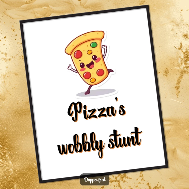 Funny poster of a happy pizza character doing a cartwheel with wobbling toppings, a delicious piece of food-themed art.