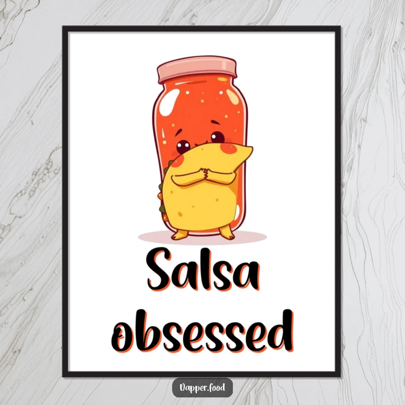 Funny poster illustrating a taco attempting to hug a giant salsa jar, adding whimsical and humorous art.