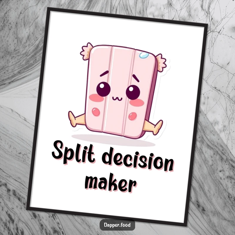 Funny Poster: Happy anthropomorphic candy bar character attempting a split pose, looking comically surprised, perfect for adding humor to wall decor.