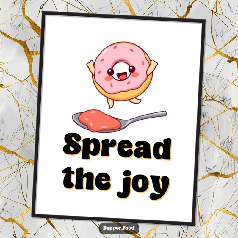 Funny Kawaii donut character joyfully leaping over a spoonful of jam, a humorous poster for kitchens and cafes.